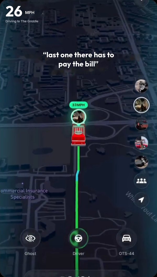 Caboose drive screen: a fire engine on the map under the wager 'last one there has to pay the bill'